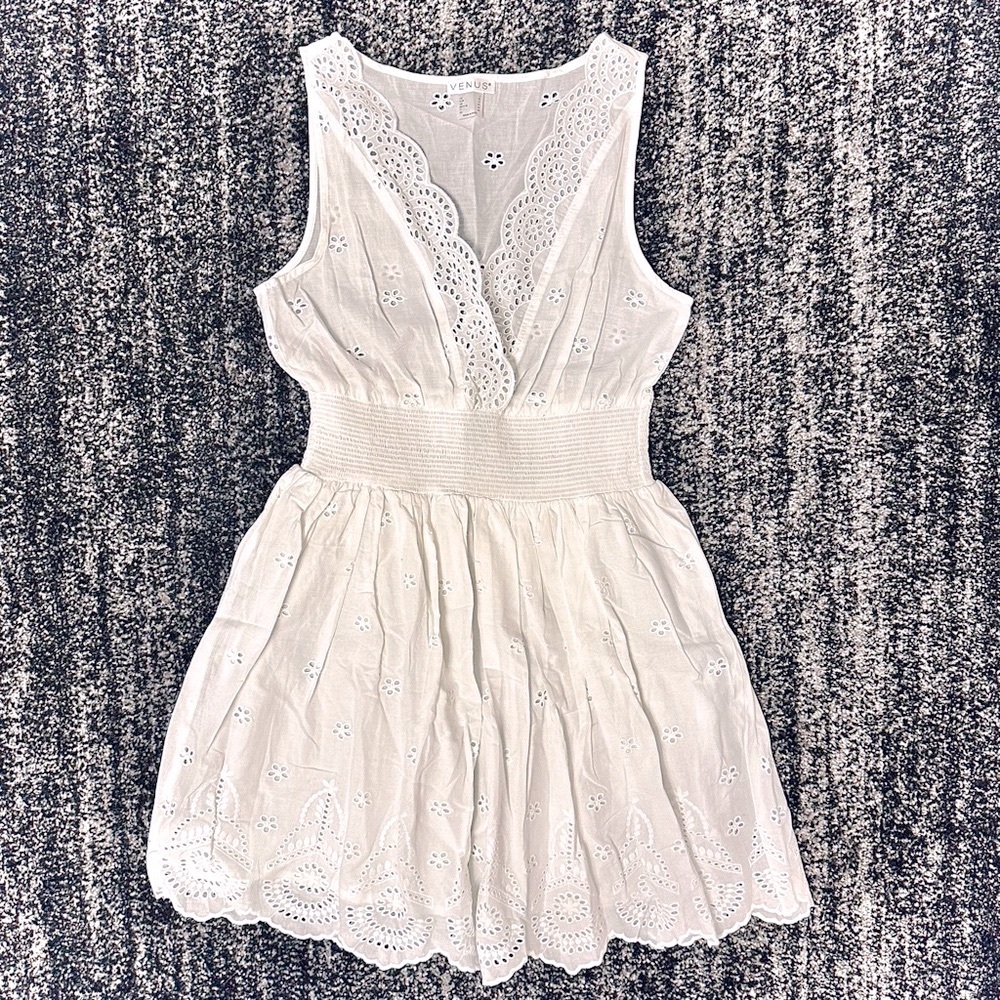 VENUS || Mini Eyelet Sleeveless Dress in White - SZ Small